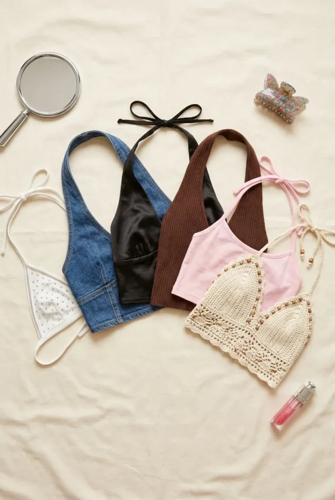 Six halter top styles laid flat for a Y2K halter top outfits shopping guide.