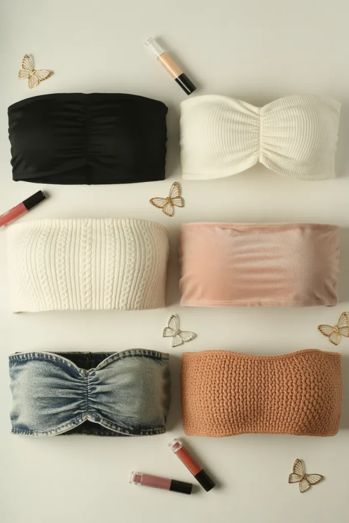Six tube top styles flat lay showing black white cream pink denim and crochet options