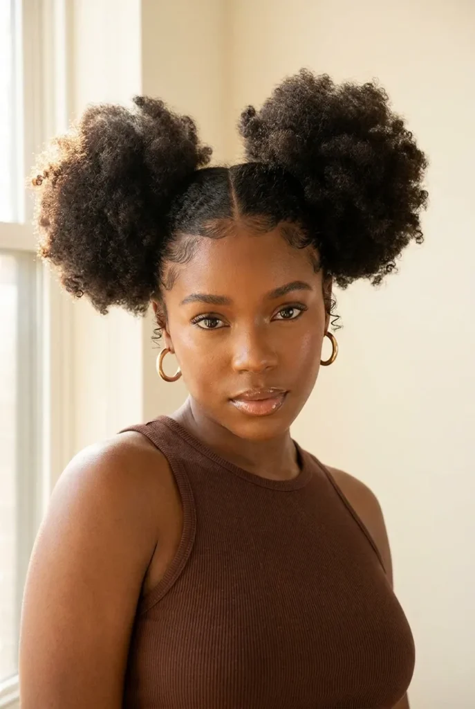 Space buns tutorial for curly coily hair shown with two high natural puff buns