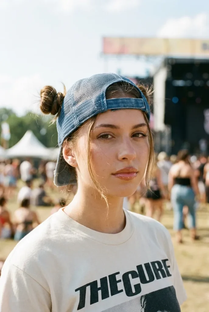 Space buns with a trucker hat tutorial styled for festival outfits