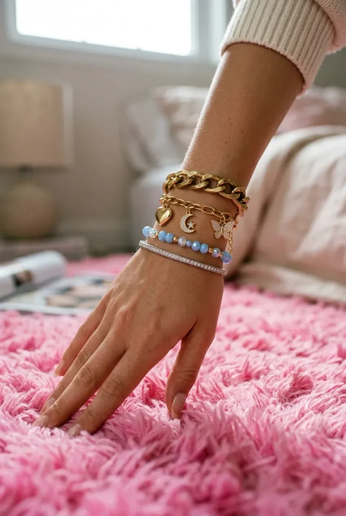Stacked Y2K charm bracelets with gold chain, beads, and rhinestone bangle on pink background.