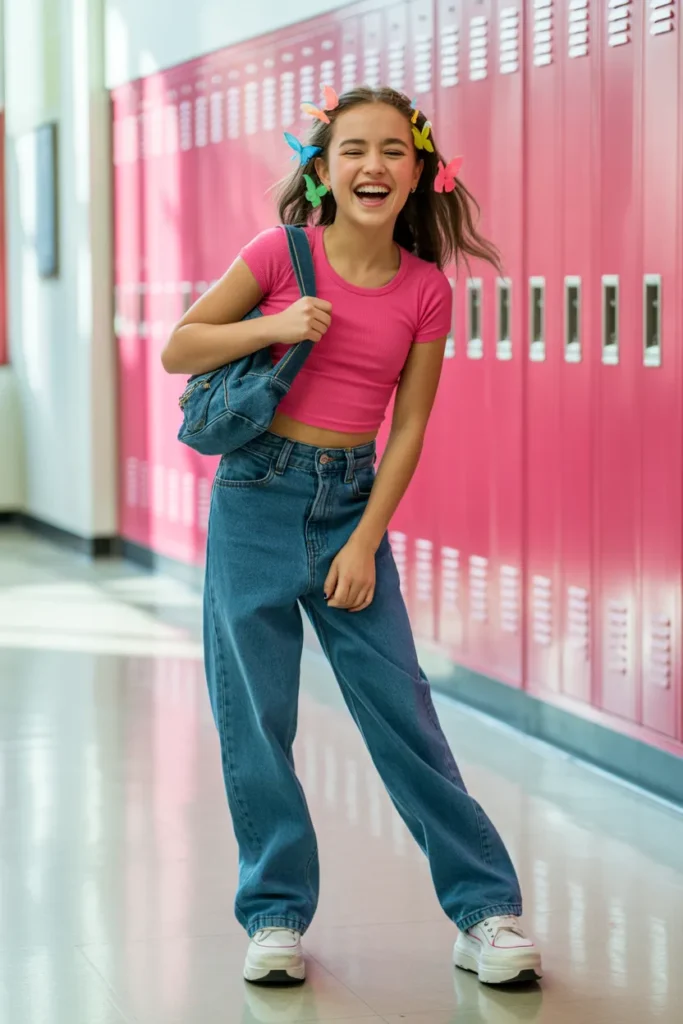 Teen girl laughing in a school hallway wearing low-rise baggy jeans, pink baby tee, butterfly clips, and platform sneakers.