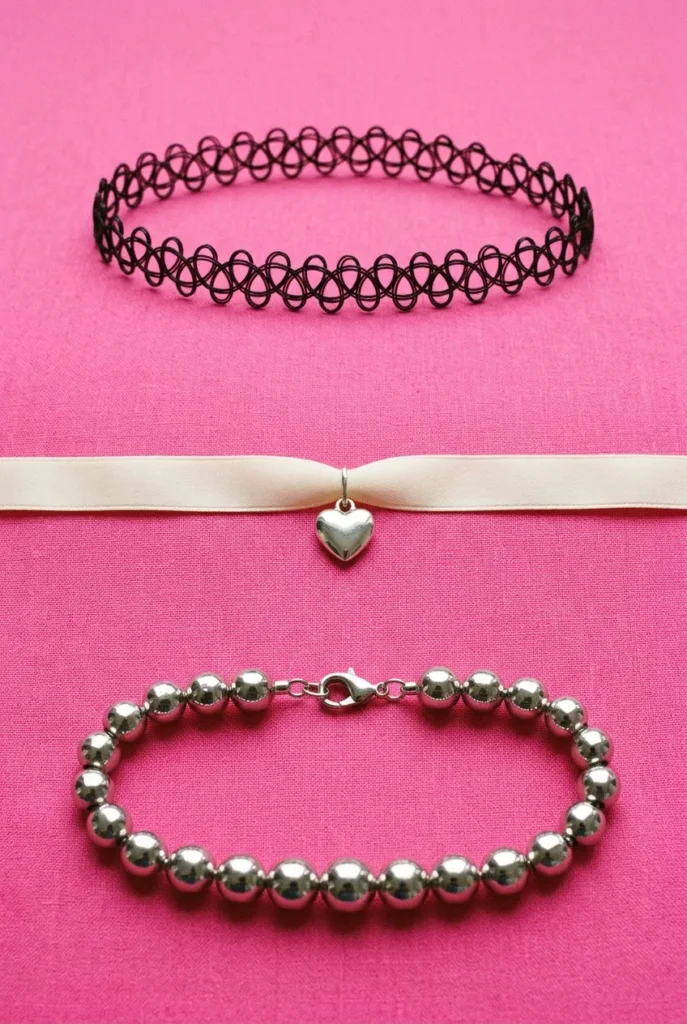 Three Y2K choker styles flat lay including tattoo choker, ribbon choker, and chrome ball-chain choker.