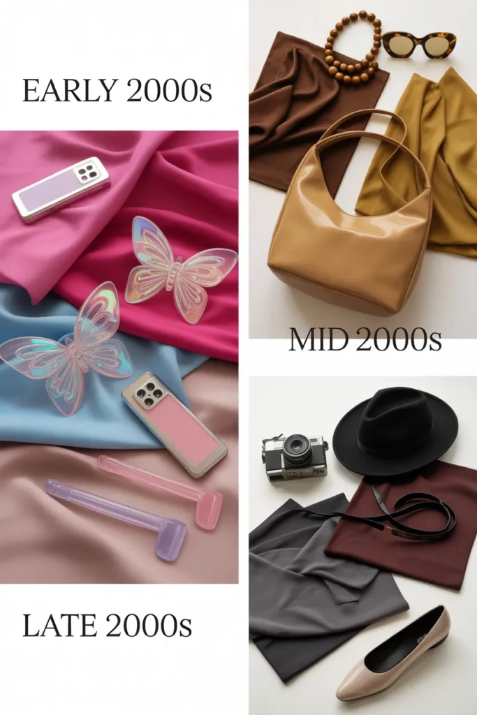 Three Y2K era mood boards comparing Early 2000s Bratz, Mid 2000s boho, and Late 2000s indie sleaze aesthetics.