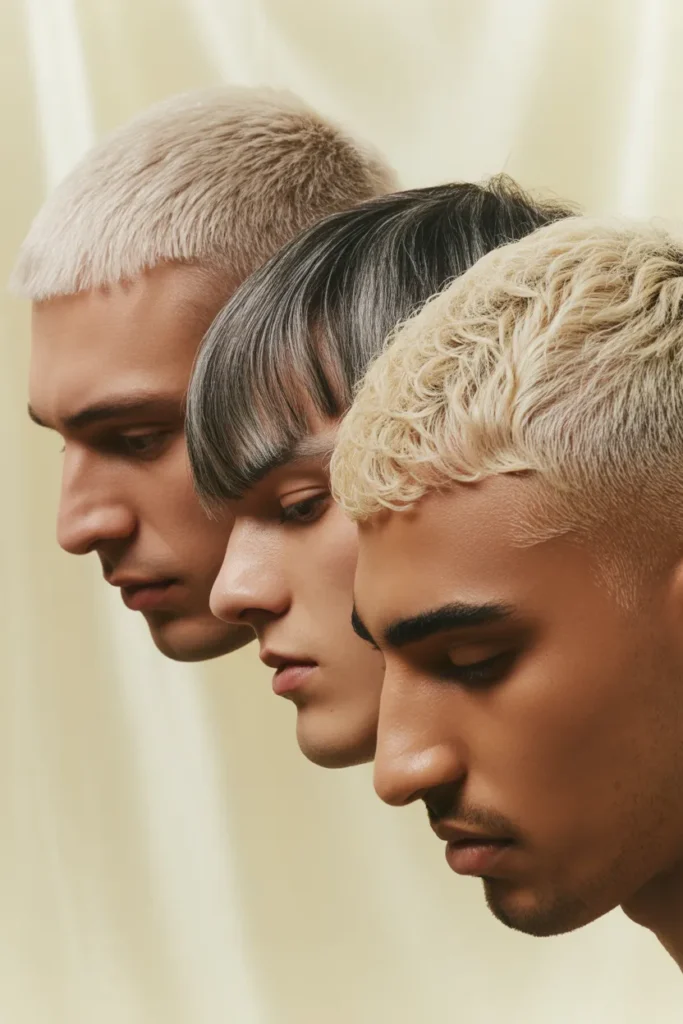 Three Y2K hairstyles for men including frosted tips, side-swept fringe, and textured caesar cut.