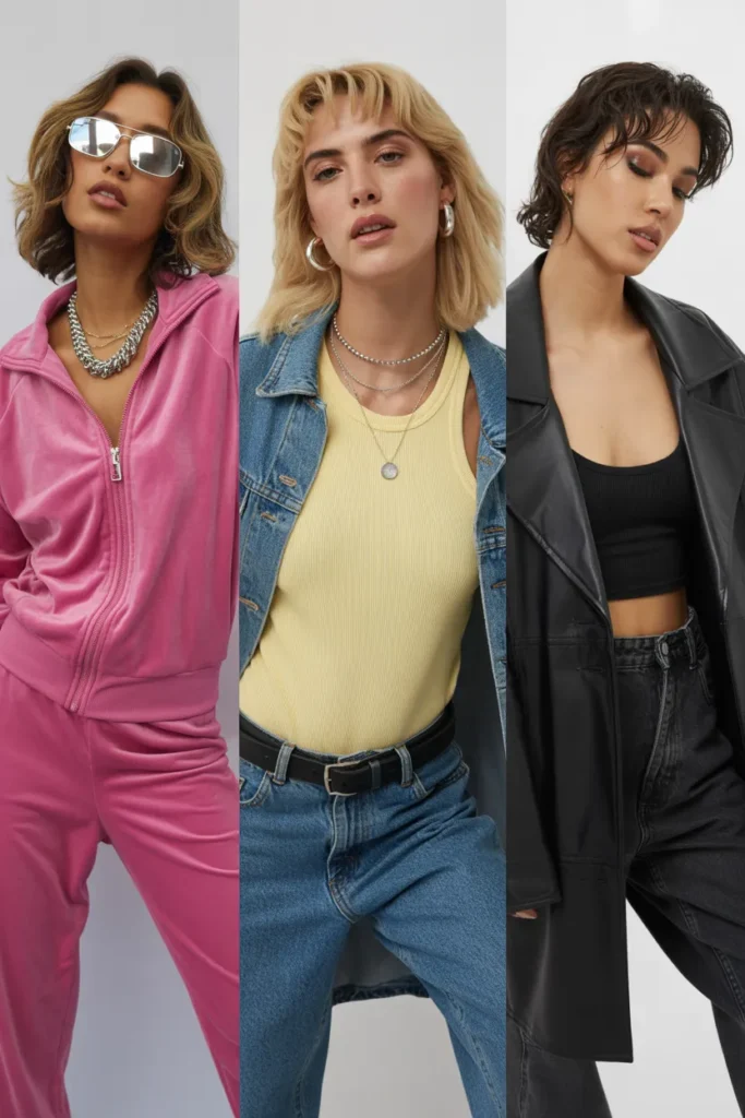 Three Y2K thrift store aesthetic looks featuring hot pink, denim, and indie sleaze styles