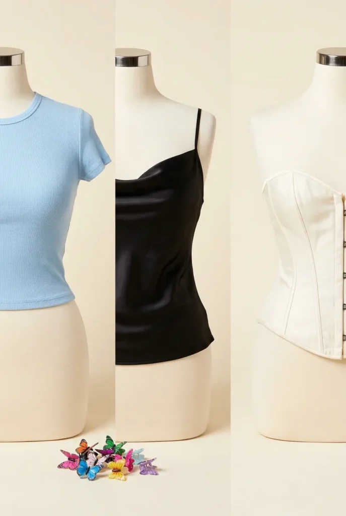 Three Y2K tops for curvy bodies including ribbed baby tee, bias cut slip top, and structured corset top on mannequins.