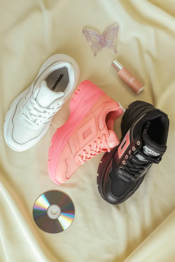 Three chunky sneaker styles flat lay with Y2K accessories shopping guide
