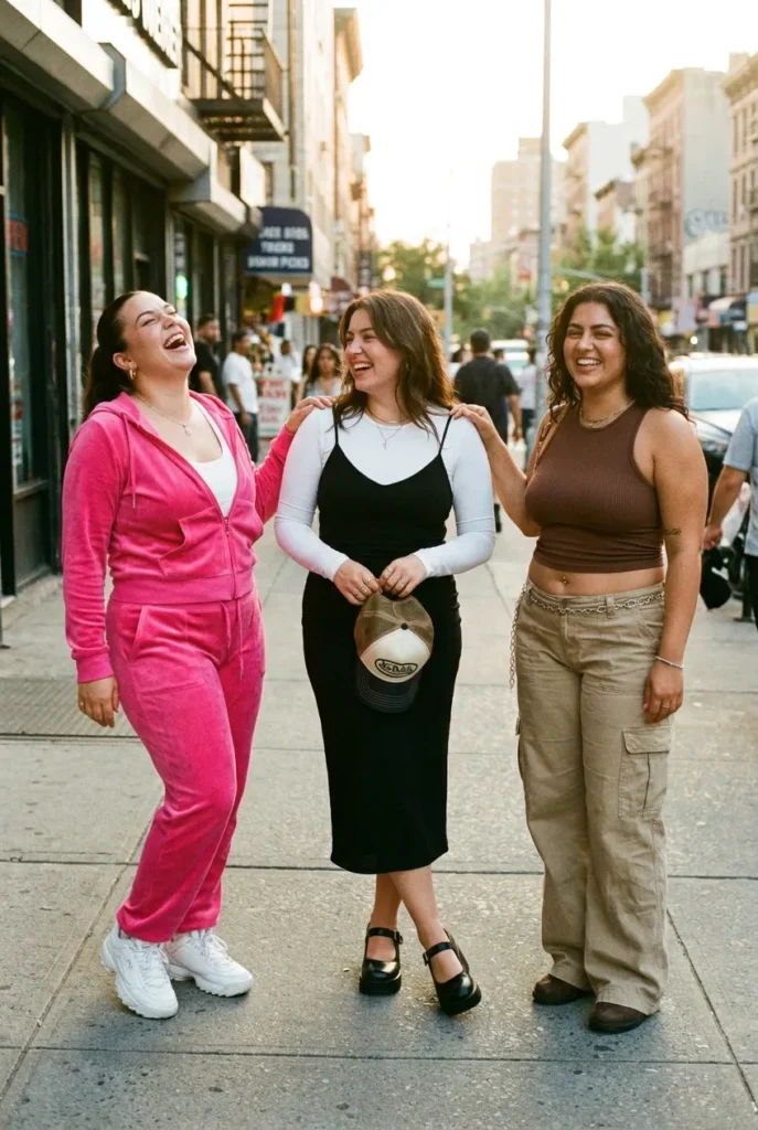 Three curvy friends in plus size Y2K outfits including velour tracksuit, slip dress, and cargo pants on a city street.