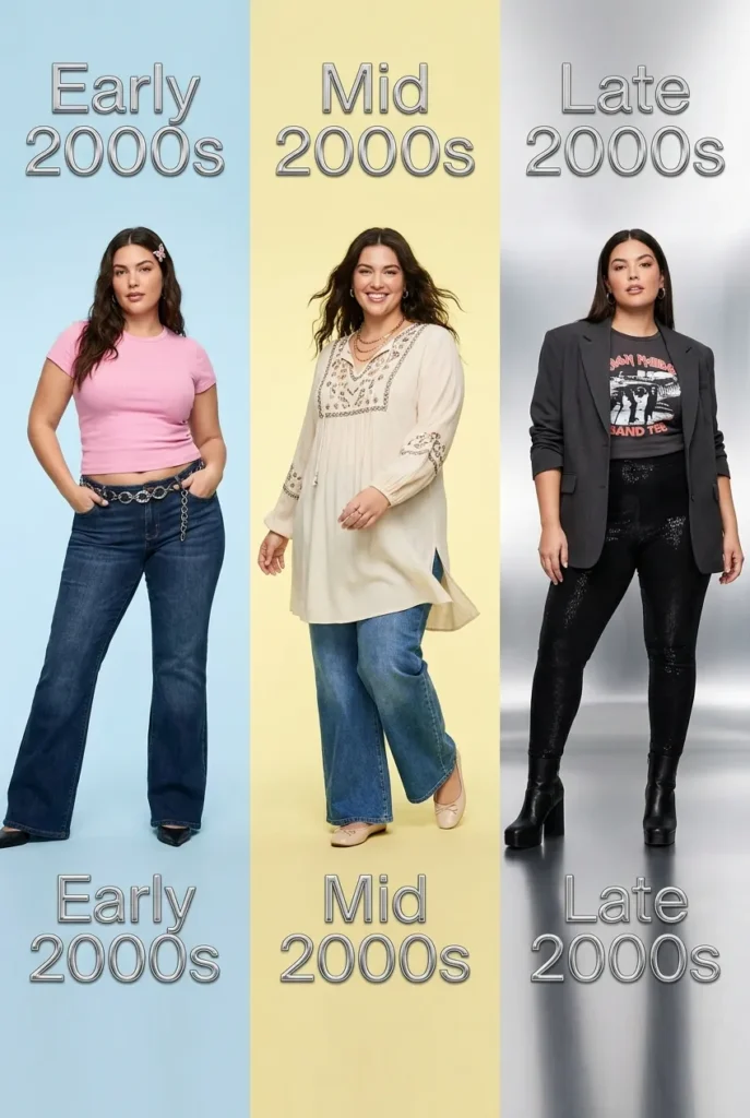 Three curvy women showing early 2000s, mid 2000s, and late 2000s Y2K outfit ideas styled era by era.