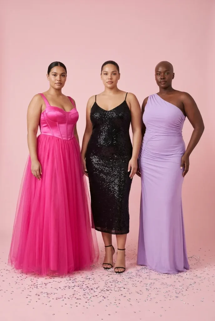 Three plus-size Y2K prom dresses in hot pink corset, black sequin slip, and lavender one-shoulder styles.