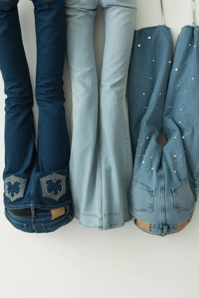 Three rhinestone jeans styles flat lay including bootcut flare and baggy