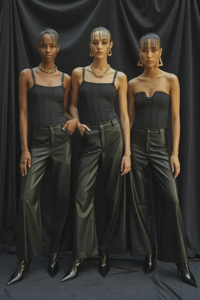 Three women in matching black leather looks inspired by Destiny's Child 2013 Super Bowl reunion fashion.