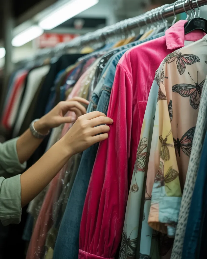 Thrifting authentic Y2K clothing pieces from a vintage rack