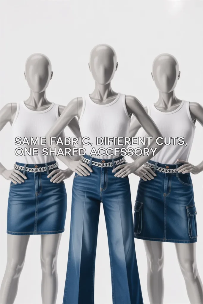 Tina Knowles matching outfit formula shown with three coordinated denim looks for friend groups.