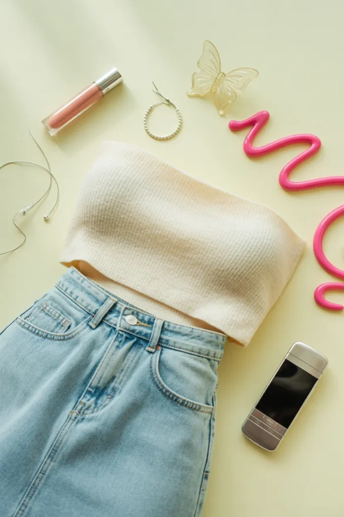 Tube top outfit flat lay with denim skirt, butterfly clip, and lip gloss in Y2K editorial style
