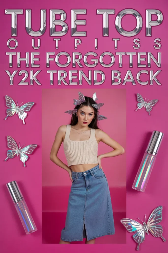 Tube top outfits Y2K trend Pinterest pin with cream tube and denim midi skirt