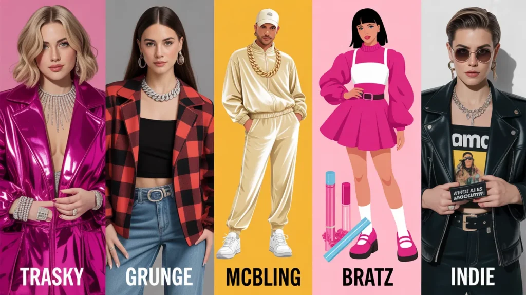 Visual guide to five Y2K aesthetic categories including trashy, grunge, McBling, Bratz, and indie sleaze