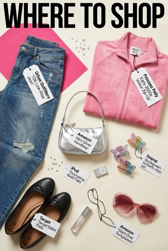 Where to shop 2000s it-girl aesthetic pieces at Urban Outfitters, Princess Polly, Amazon, Target, and Depop.