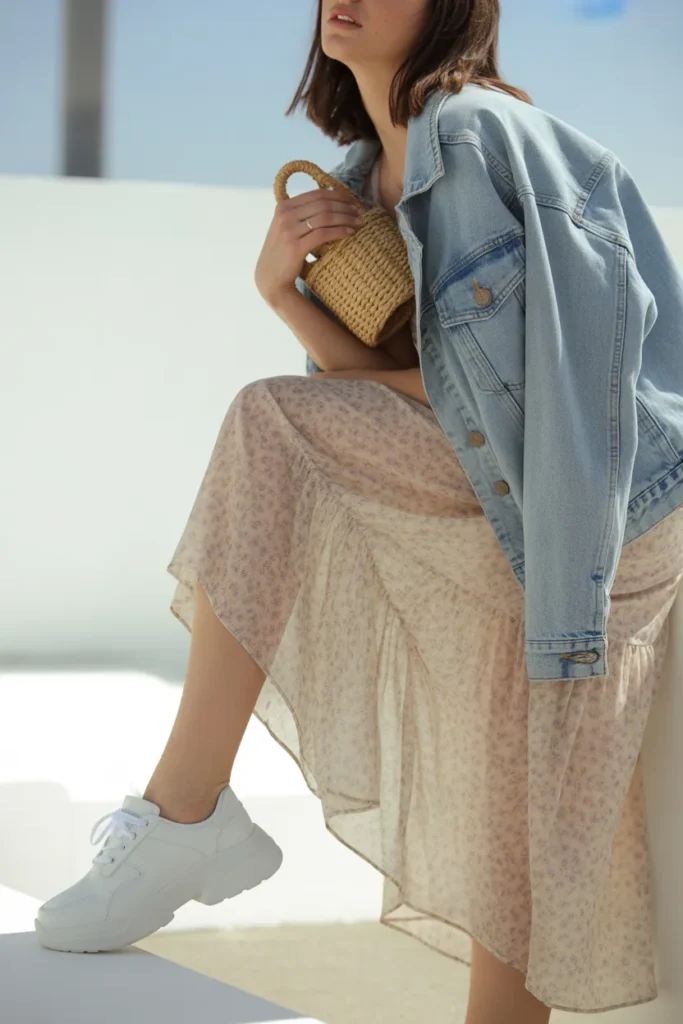 White chunky sneakers with floral midi dress and denim jacket for spring outfit