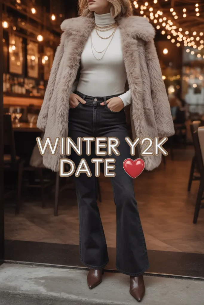 Winter Y2K date night outfit with cream turtleneck, flare jeans, and faux-fur coat for wine bar date