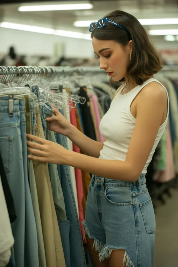 Woman thrifting Y2K clothing browsing denim rack at secondhand store