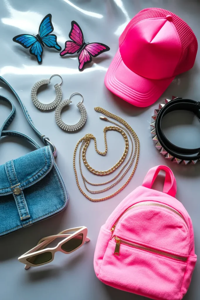 Y2K accessories flat lay with butterfly clips, baguette bag, trucker hat, and rhinestone earrings on chrome background.