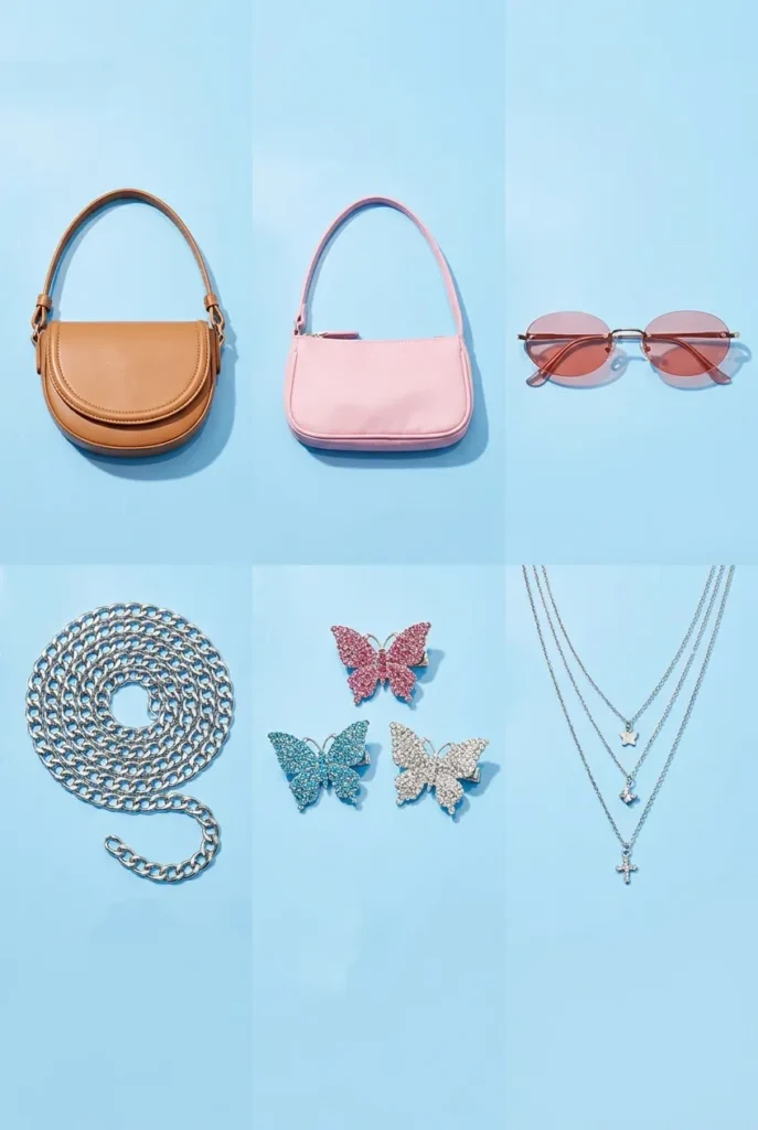 Y2K accessory dupes from Amazon flat lay including saddle bag, baguette bag, oval sunglasses, and butterfly clips.