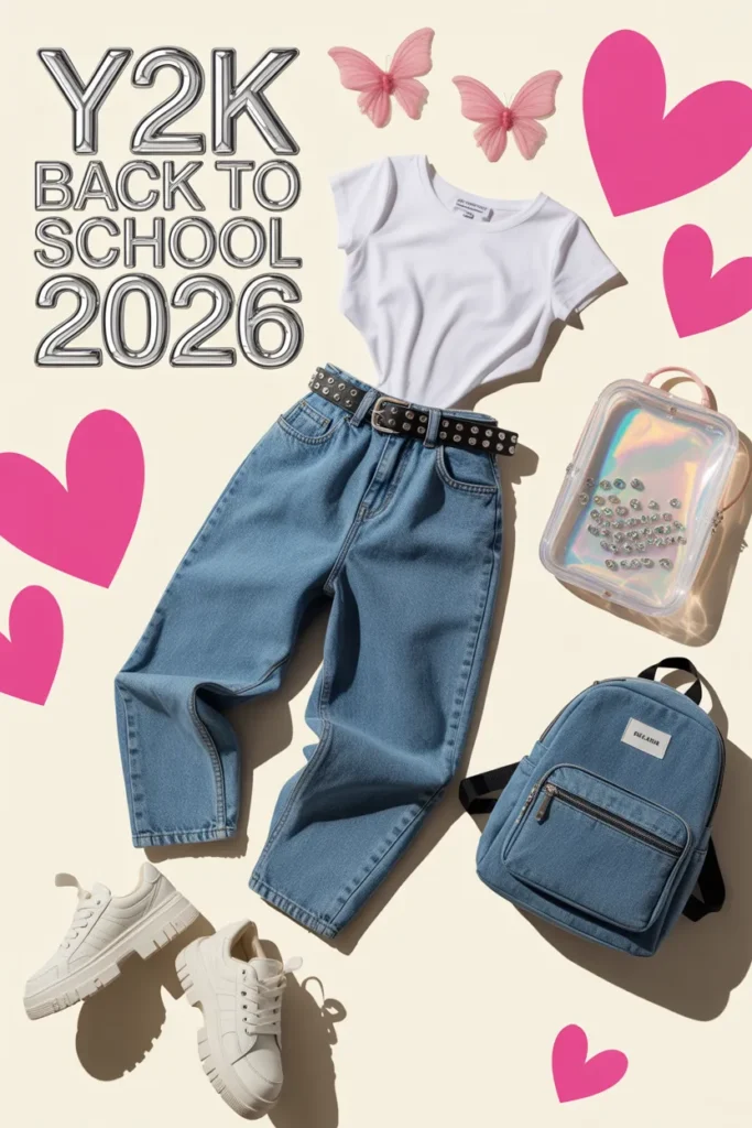 Y2K back to school outfit flat lay with low-rise baggy jeans, baby tee, butterfly clips, and platform sneakers.