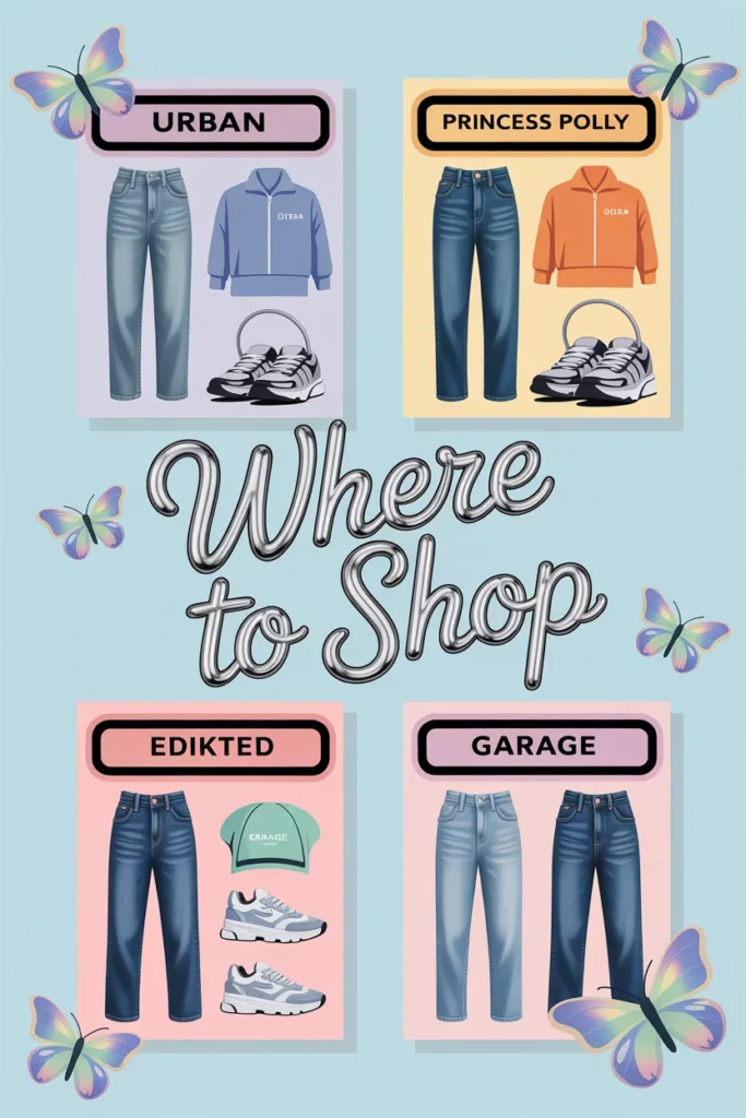 Y2K back to school shopping moodboard featuring Urban Outfitters, Princess Polly, Edikted, and Garage outfit inspiration.