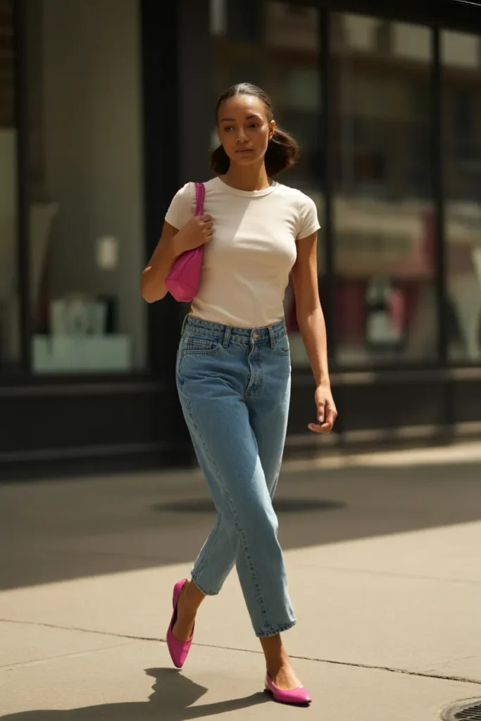 Y2K color pairing example with cream baby tee, denim, and hot pink accessories