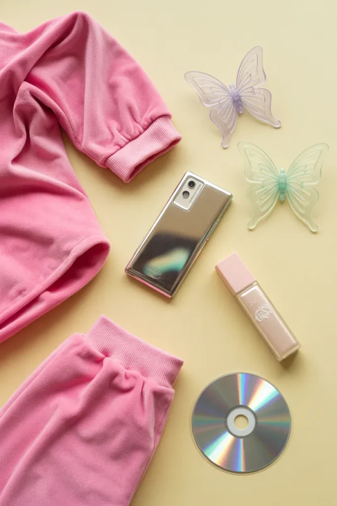 Y2K color palette flat lay with pink velour tracksuit, butterfly clips, and chrome accessories
