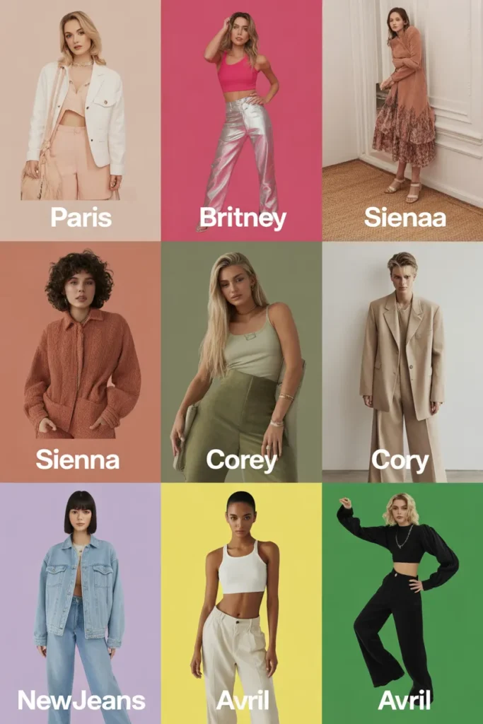 Y2K color palette vibe chart with six celebrity-inspired looks