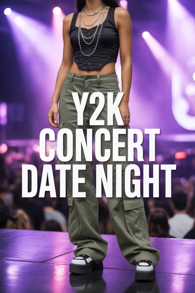 Y2K concert date night outfit with cargo pants, black corset top, and platform sneakers