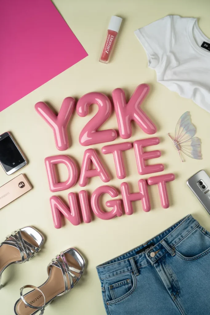 Y2K date night outfit flat lay with denim mini skirt, baby tee, kitten heels, and flip phone