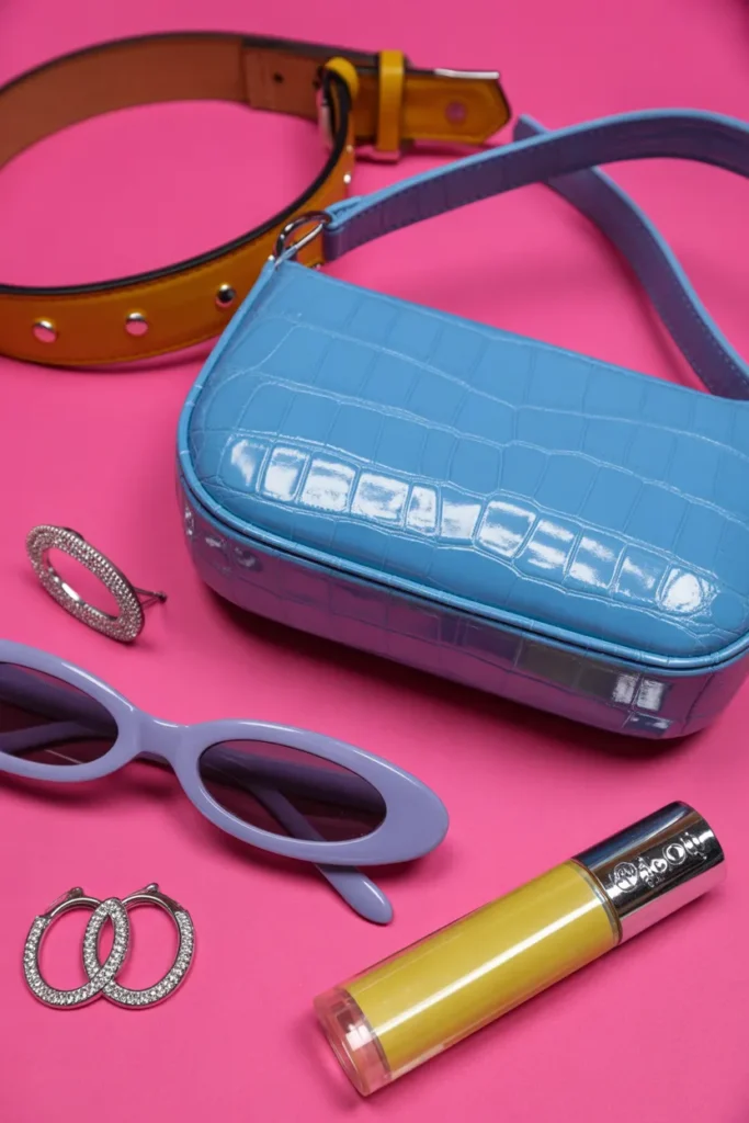 Y2K denim accessories flat lay with baguette bag, studded belt, tinted sunglasses, and rhinestone hair clip.