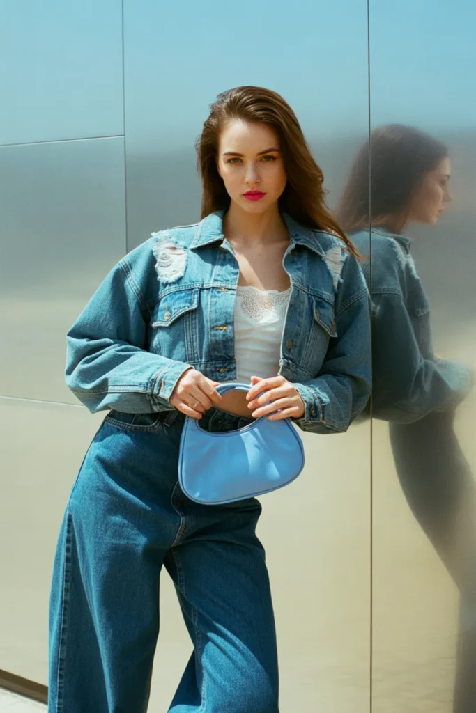 Y2K denim on denim outfit pairing a cropped light-wash jacket with dark-wash wide-leg jeans.
