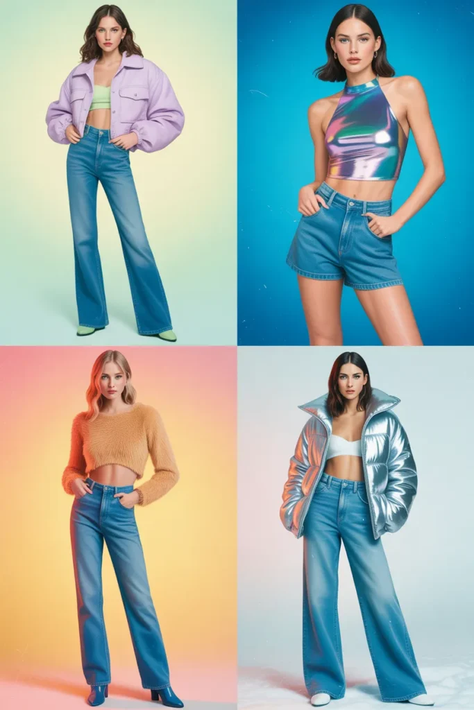 Y2K denim outfits for spring, summer, fall, and winter shown in four-panel seasonal grid.