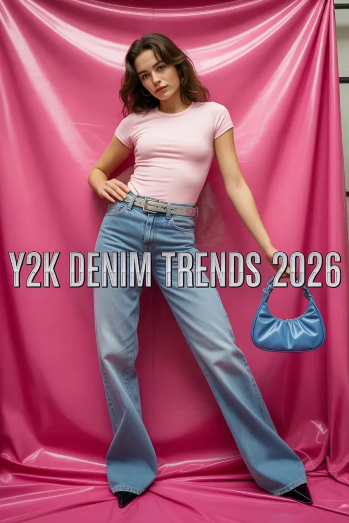 Y2K denim trends pin showing low-rise bootcut jeans, baby tee, and baguette bag against pink backdrop.