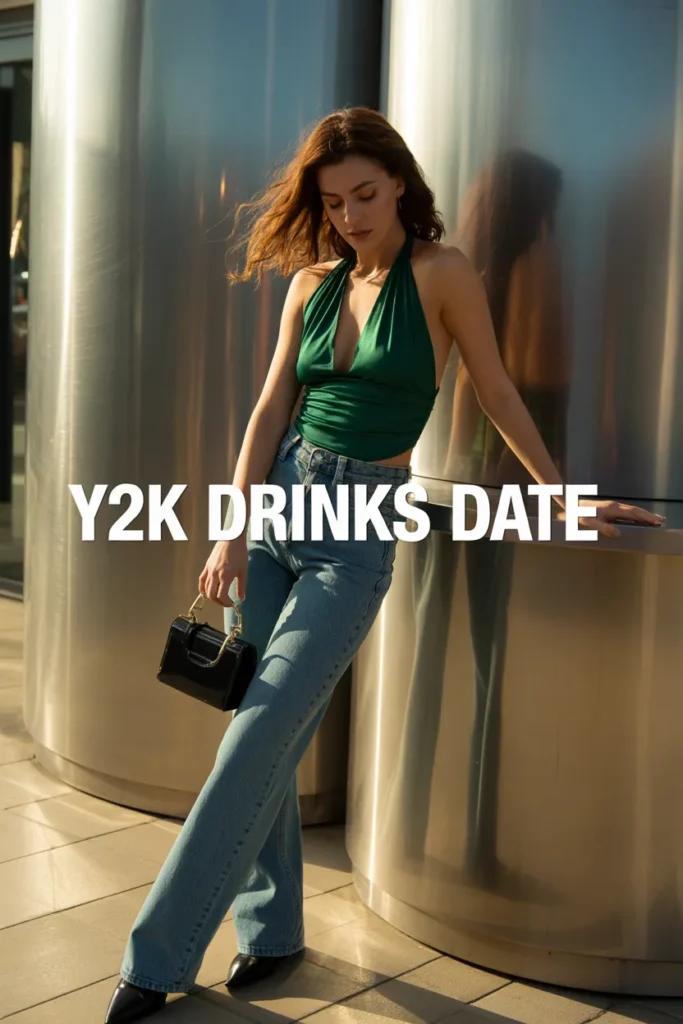 Y2K drinks date night outfit with emerald halter top, low-rise bootcut jeans, and structured bag