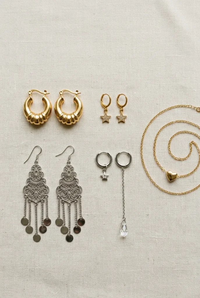 Y2K earring styles flat lay with door-knocker hoops, chandelier earrings, and gold belly chain.