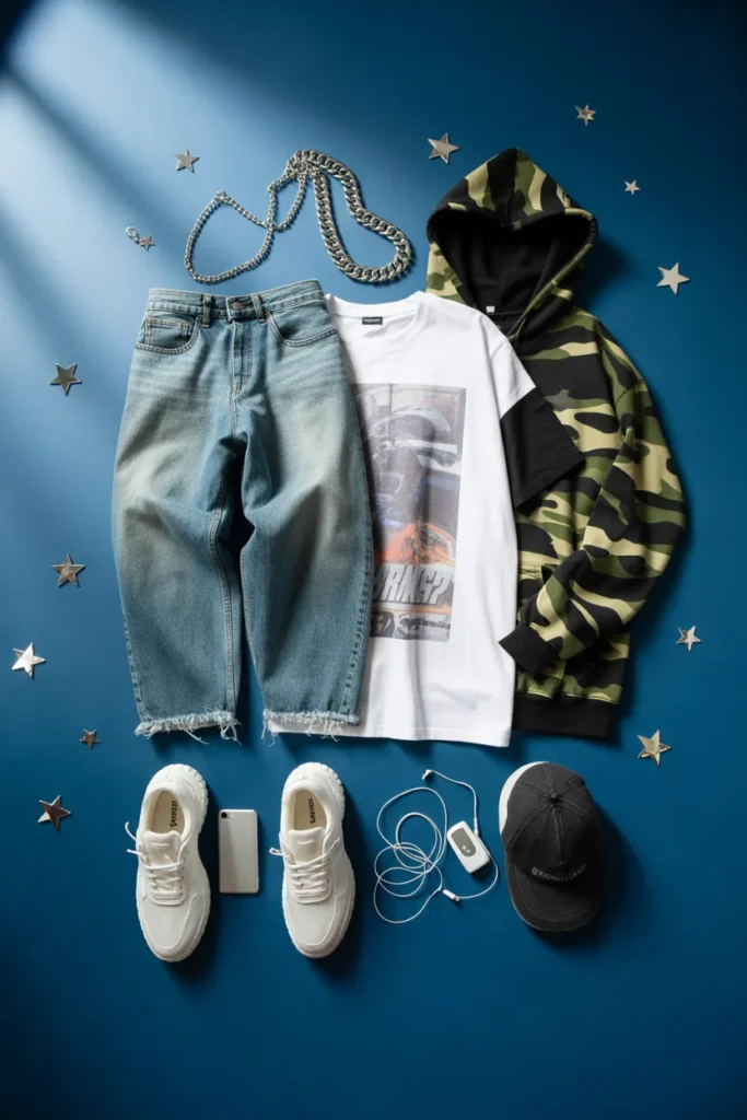 Y2K fashion for men flat lay with baggy jeans, graphic tee, camo hoodie, chain, and chunky sneakers.