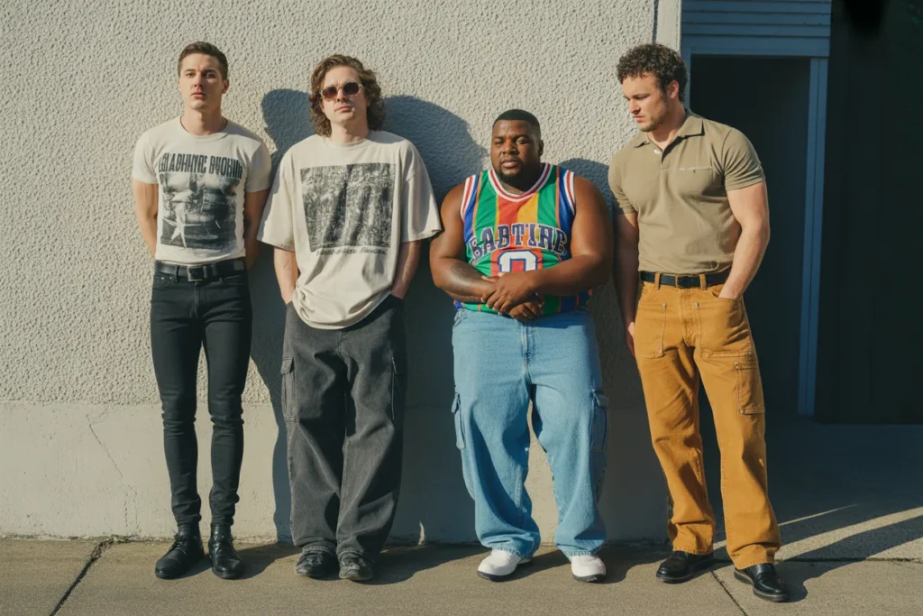 Y2K fashion for men styled across different body types and heights with varied outfit silhouettes.