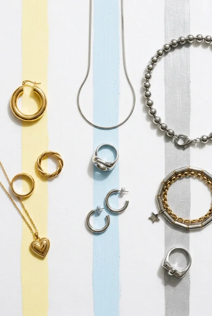 Y2K jewelry metals comparison with gold, silver, and chrome pieces arranged in three sections.