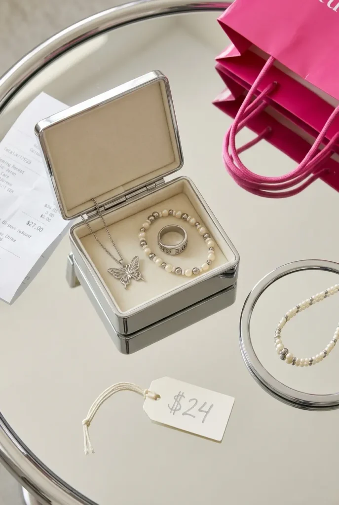 Y2K jewelry shopping flat lay with chrome box, butterfly pendant, silver ring, and beaded bracelet.