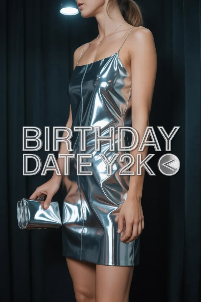 Y2K metallic mini dress outfit for birthday date night with chrome silver column dress and clutch