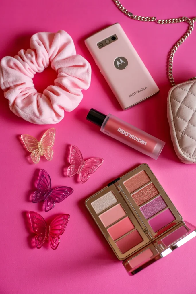 Y2K pink color palette flat lay with bubblegum and magenta accessories