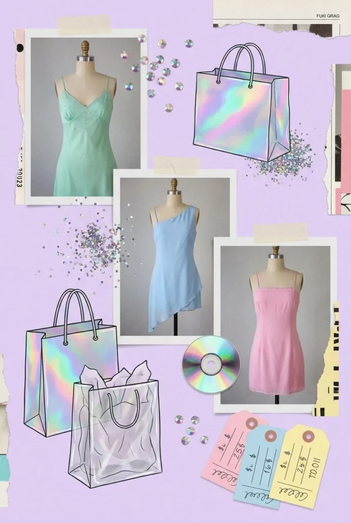 Y2K prom dress shopping moodboard with slip dresses, rhinestones, and pastel price tags.