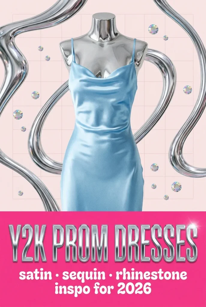 Y2K prom dresses Pinterest pin featuring ice blue satin slip dress with chrome and hot pink text overlay.