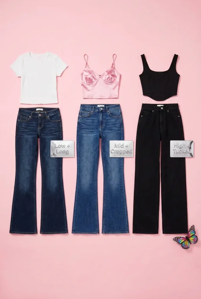 Y2K rise and length pairing rule flat lay showing three outfit combinations styled for curvy bodies.